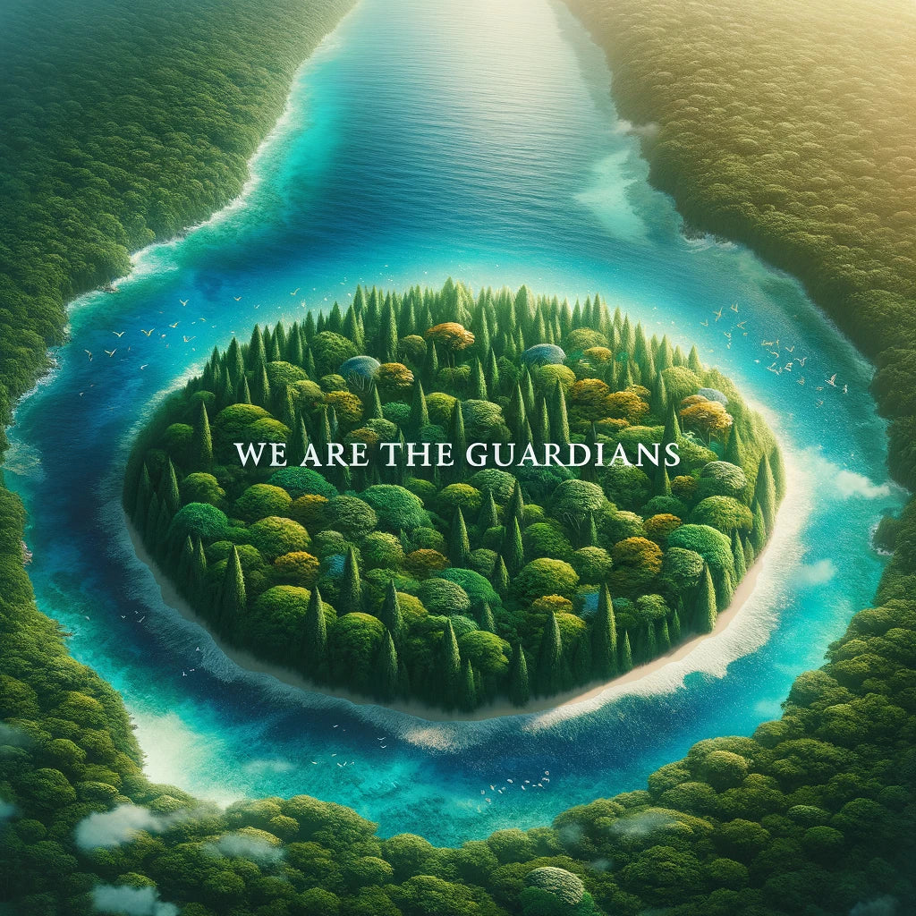 Forest and ocean conservation image depicting dense greenery and vibrant blue waters with 'We Are The Guardians' slogan for Be Bushcrafted blog post.