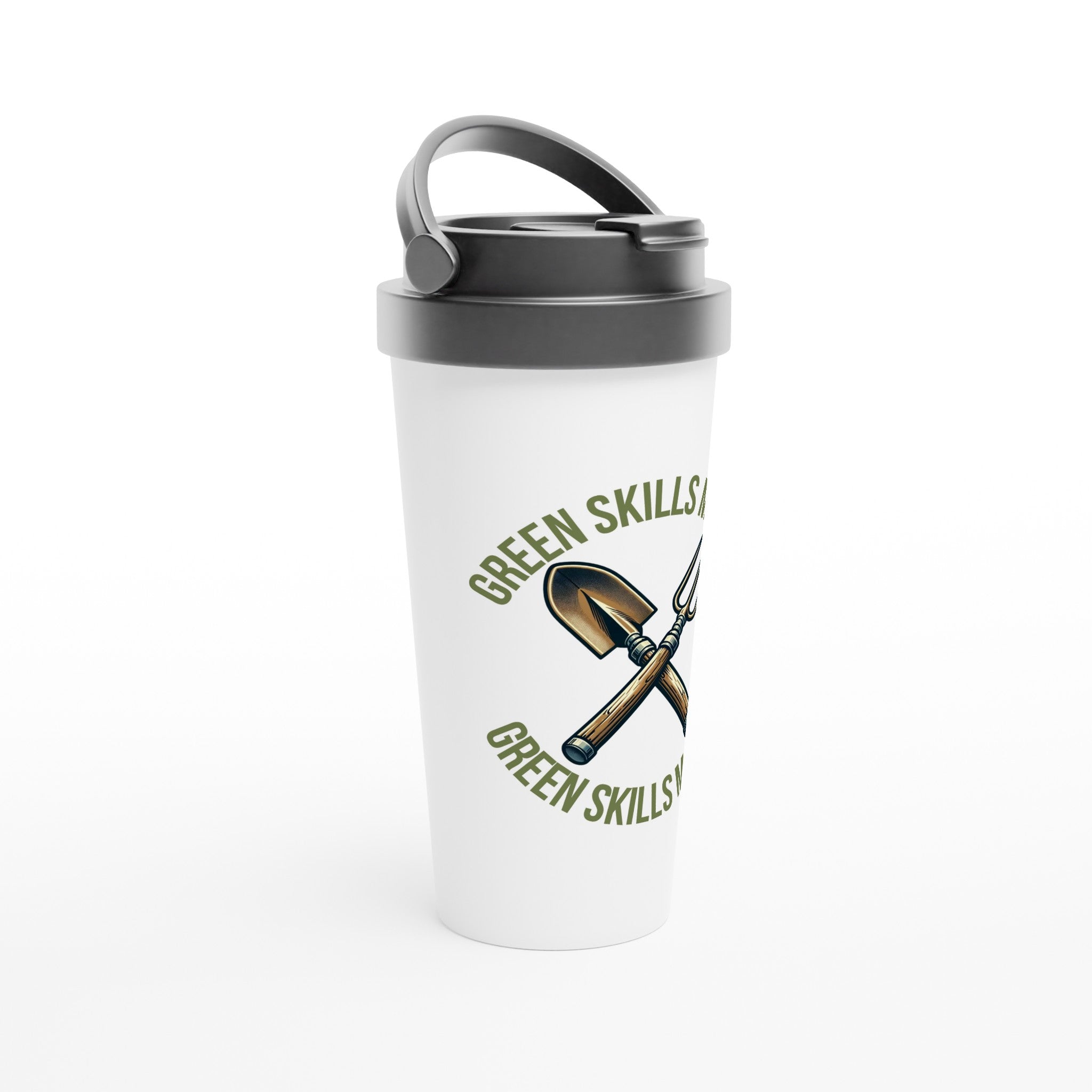 Right-facing view of the Green Skills Matter White 15oz Stainless Steel Travel Mug against a white background - Eco-friendly stainless steel mug featuring 'Green Skills Matter' design.