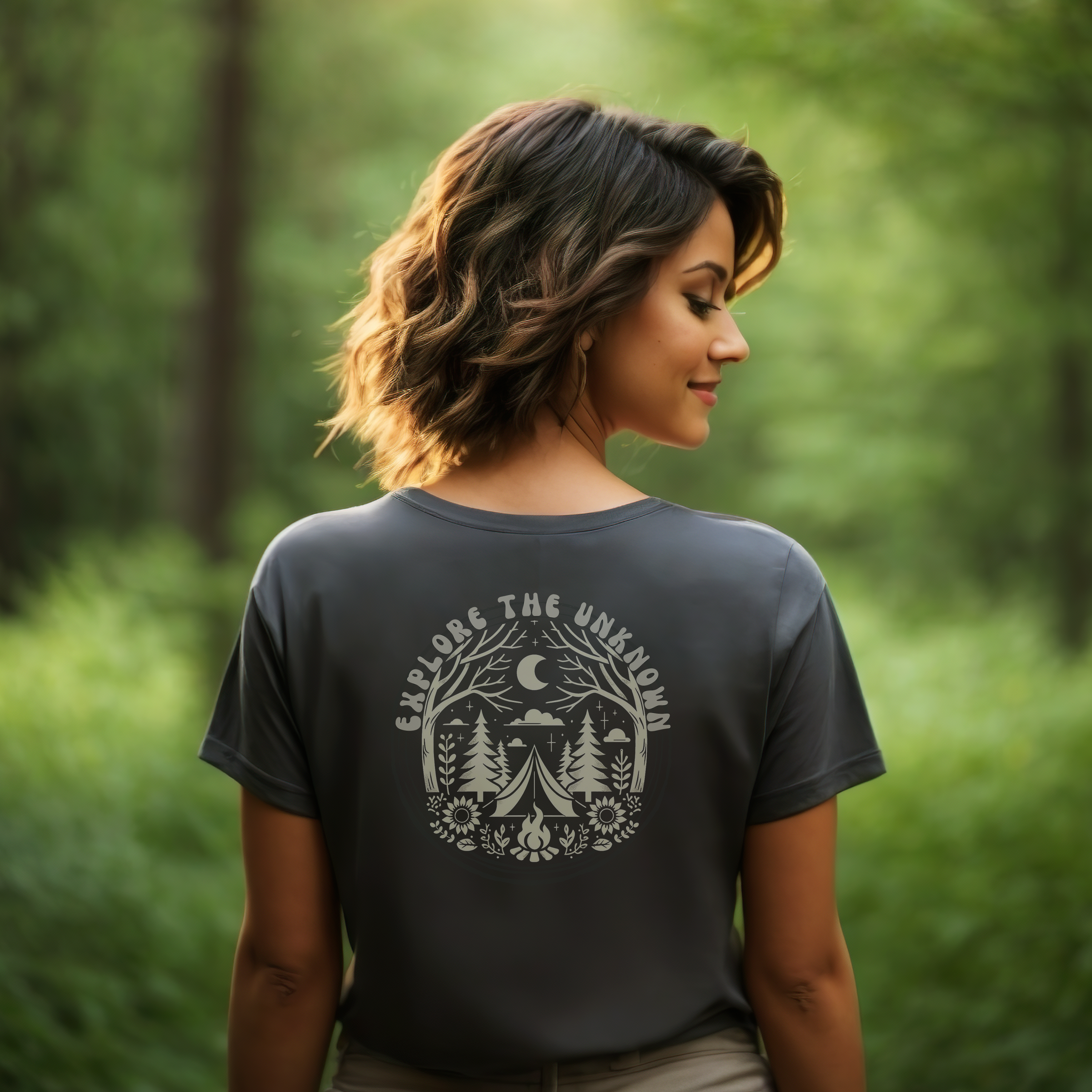 Explore The Unknown Women's cotton* T-Shirt. Ethically sourced and eco-friendly outdoor, hiking, wild camping apparel. Back lifestyle mock in forest, Dark Grey color.