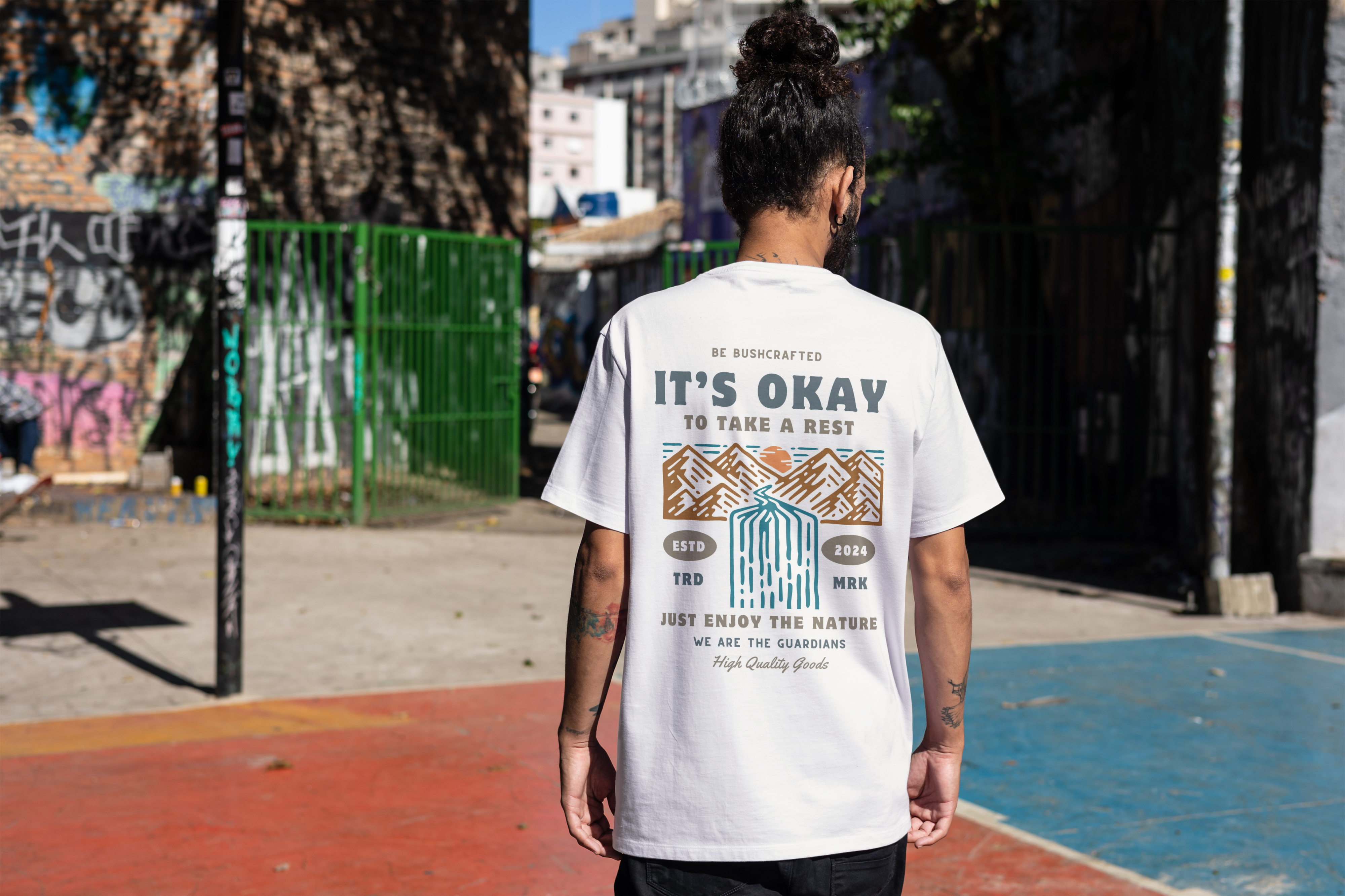 It's Okay To Take A Rest Men's Cotton Crewneck T-Shirt By Be Bushcrafted back view