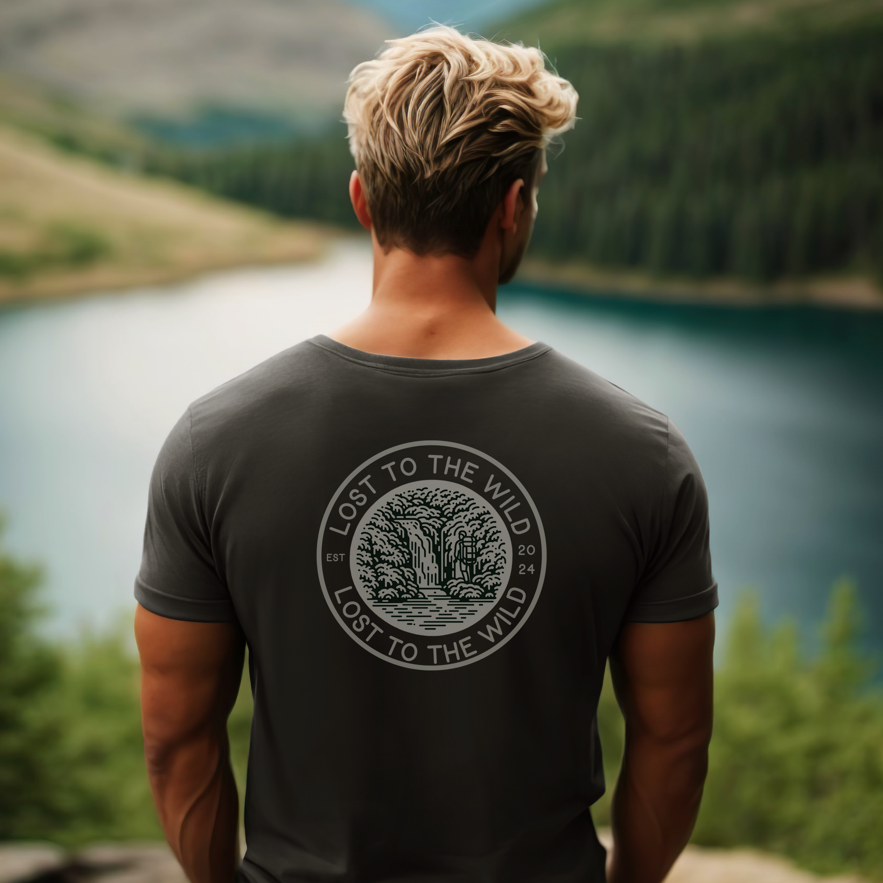 Lost To The Wild Men's cotton* Outdoors T-Shirt. Lake View foretst valley hiking adventure image.