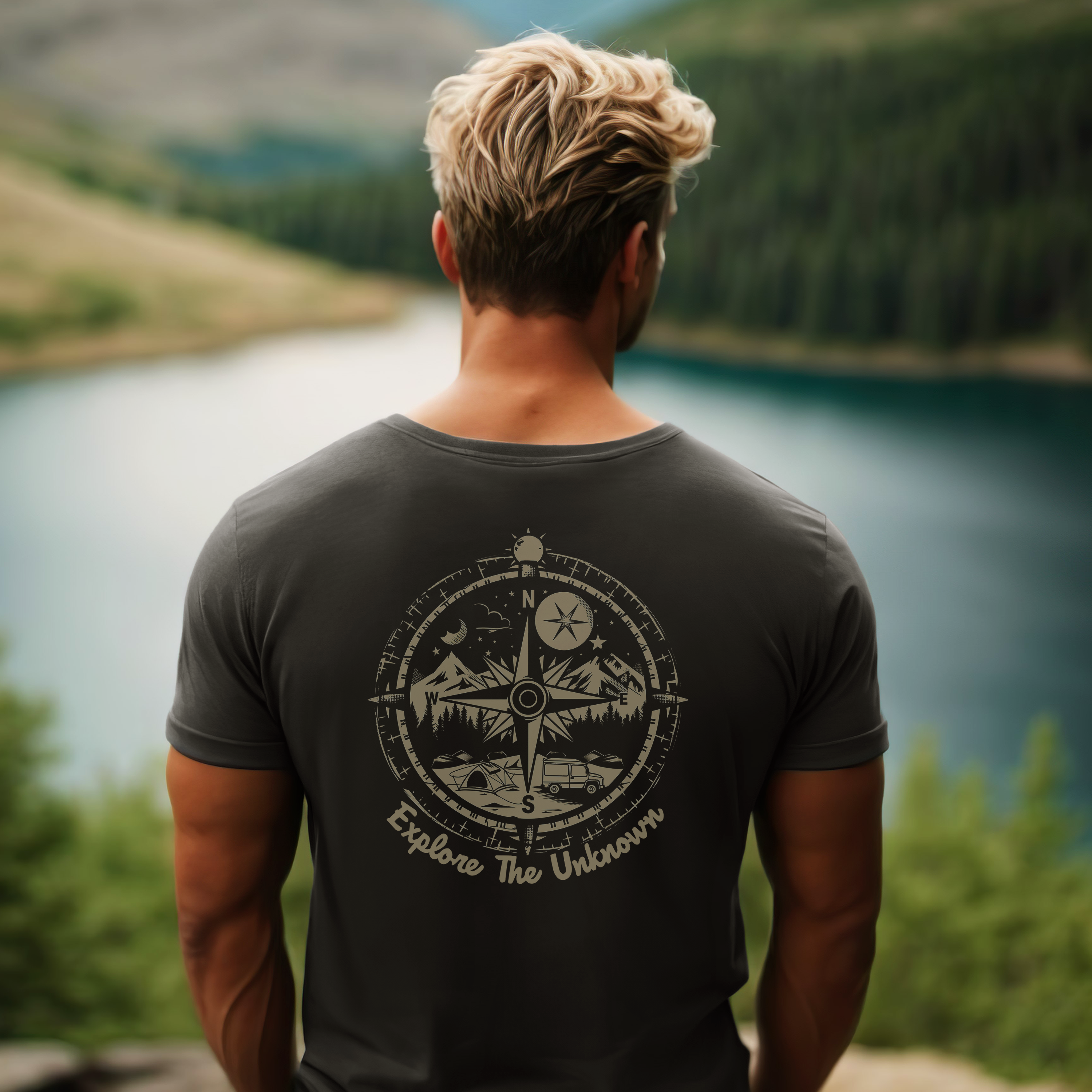 Explore The Unkown Compass Camper Men's cotton* T-Shirt. Overlooking a lake in a valley adventure travel and hiking.