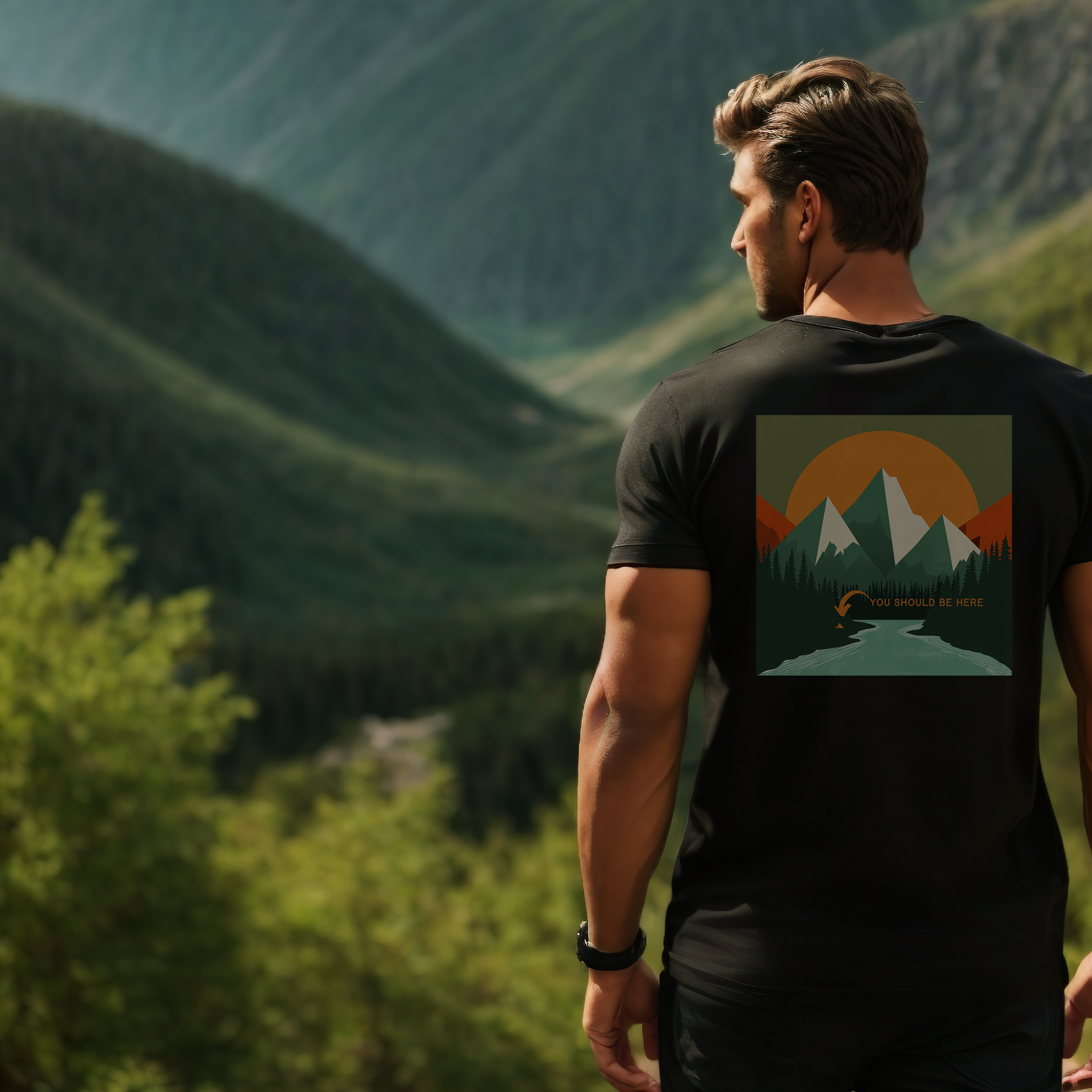 You Should Be Here Men's Cotton* T-Shirt in Black over looking a forest valley in an ambient setting.