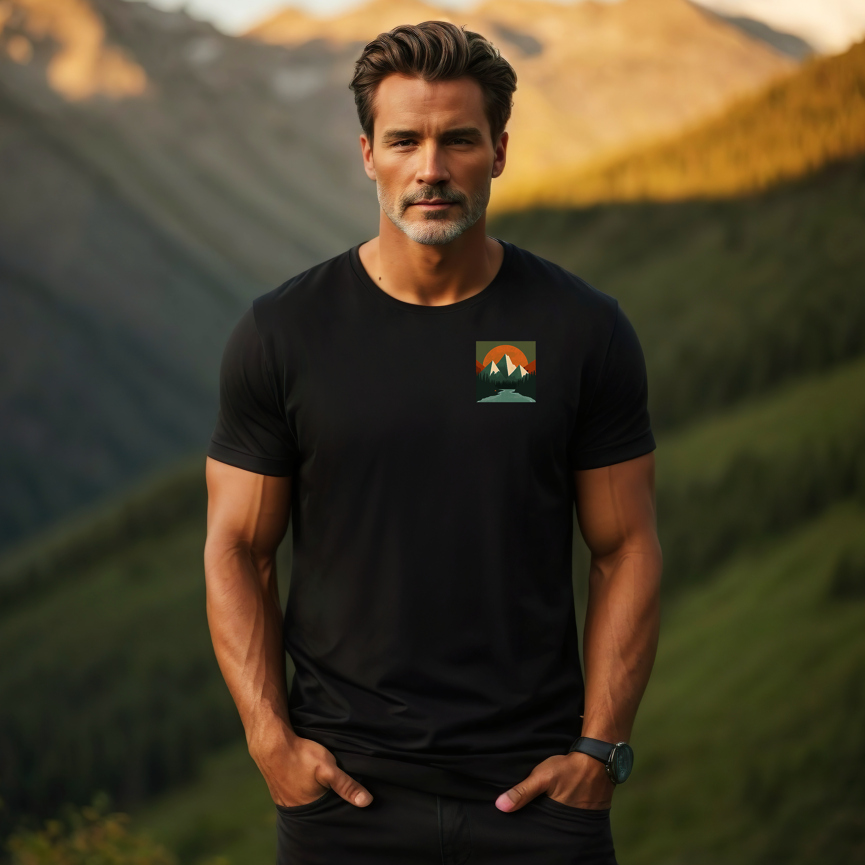 You Should Be Here Men's Cotton* T-Shirt in Black over looking a forest valley in an ambient setting. Front lifestyle view.