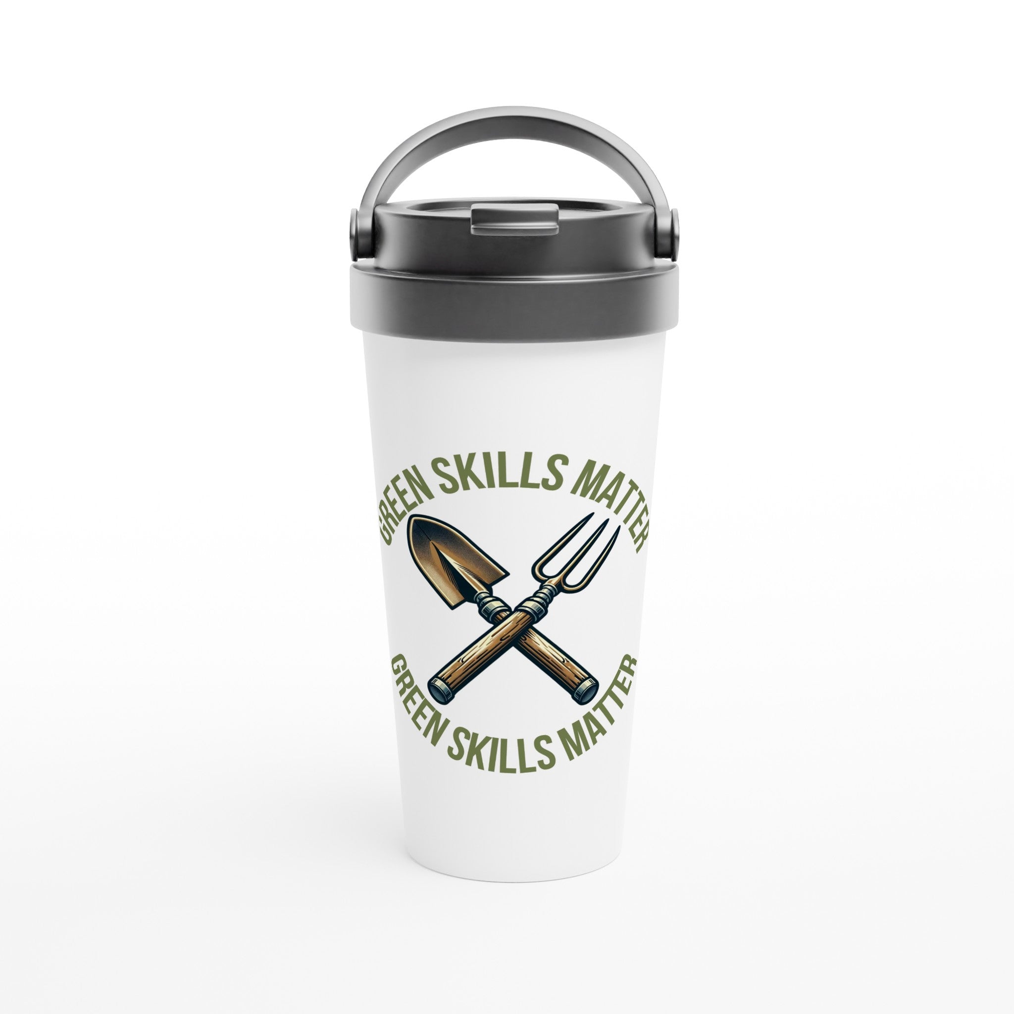 Front-facing view of the Green Skills Matter White 15oz Stainless Steel Travel Mug against a white background - Eco-friendly stainless steel mug featuring 'Green Skills Matter' design.