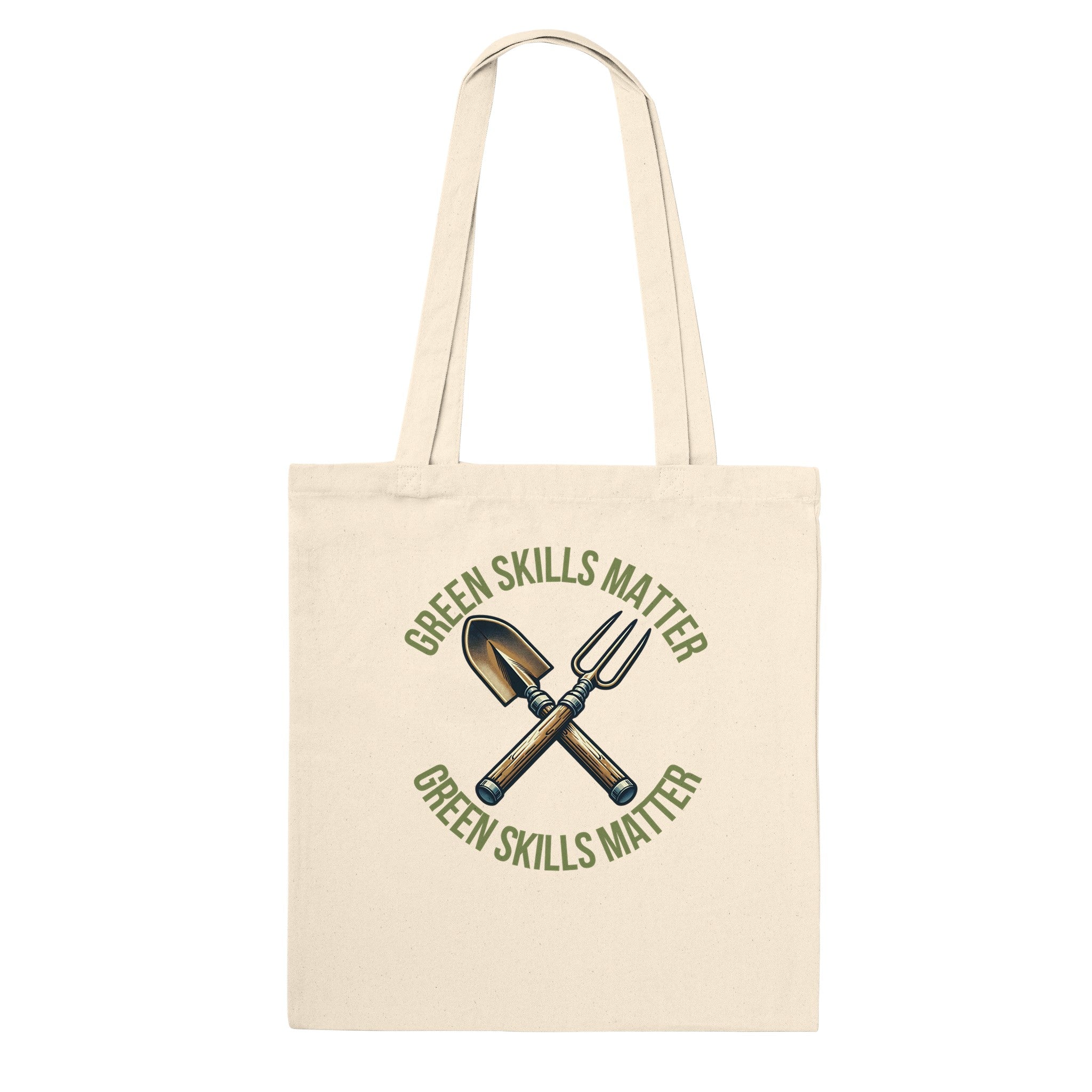 White background mockup for an oversized, 100% organic cotton Green Skills Matter tote bag
