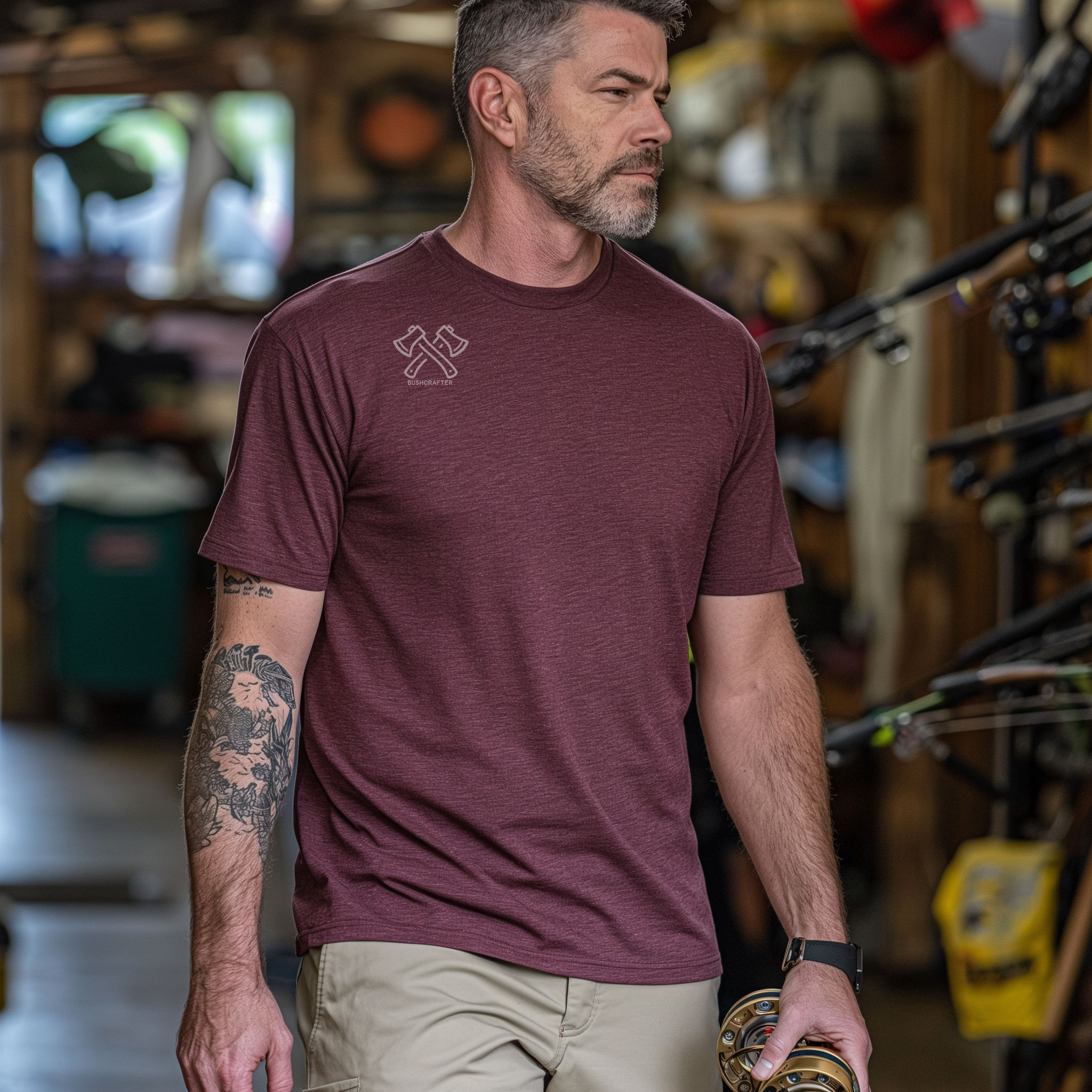 Lost To The Wild - Bushcrafter Men's 100% Cotton Tee in Heather Maroon seen in a Fishing Store