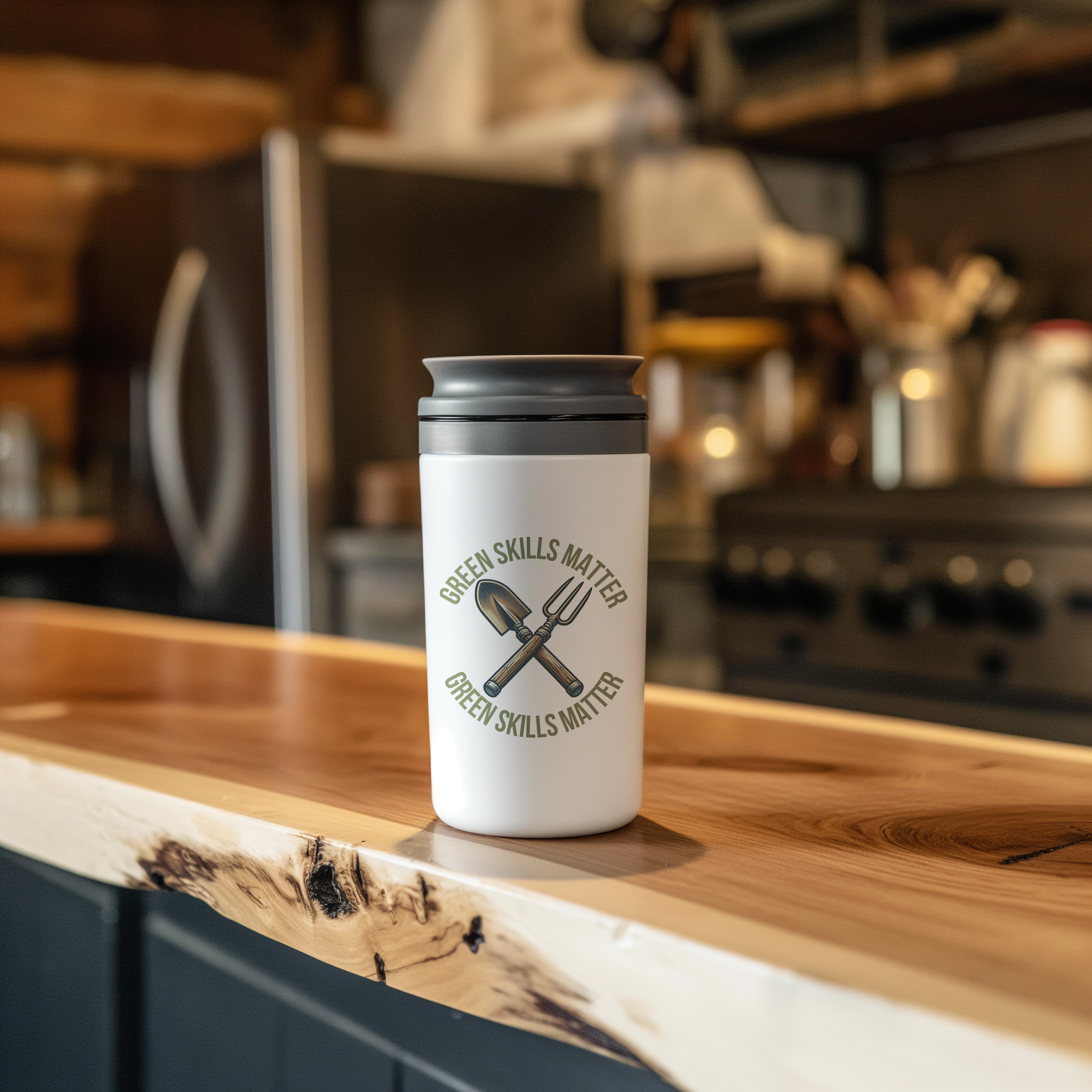 Green Skills Matter White 15oz Stainless Steel Travel Mug - Eco-friendly stainless steel mug with white finish featuring 'Green Skills Matter' design.