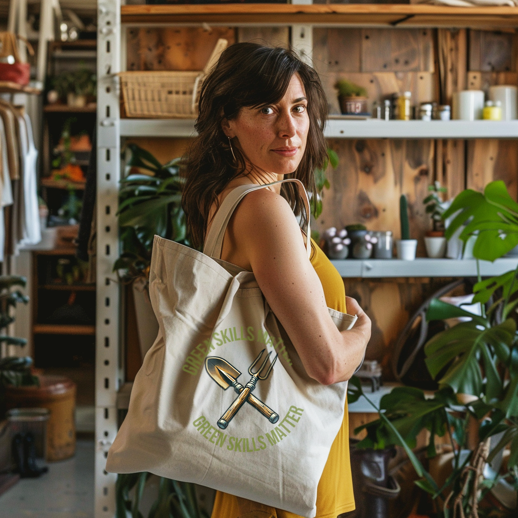 Woman standing in a nursery with an oversized, 100% organic cotton Green Skills Matter tote bag draped over her shoulder.
